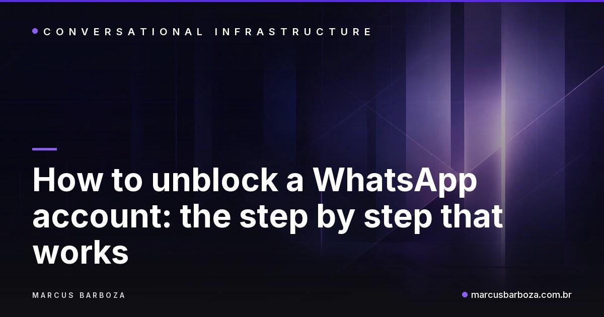 Cover of the guide on how to unblock a WhatsApp account, with the title over abstract art in purple and indigo tones.
