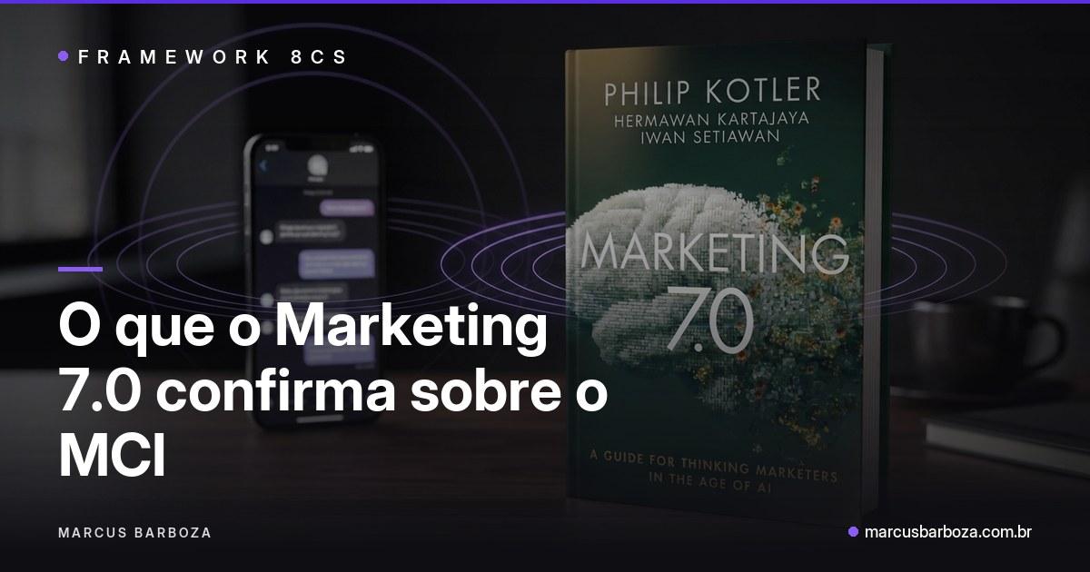Capa editorial: o livro Marketing 7.0 de Philip Kotler sobre uma mesa escura, com um celular exibindo uma conversa e anéis violeta conectando os dois, ao lado do título "O que o Marketing 7.0 confirma sobre o MCI"