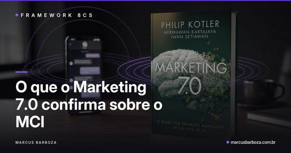 Capa editorial: o livro Marketing 7.0 de Philip Kotler sobre uma mesa escura, com um celular exibindo uma conversa e anéis violeta conectando os dois, ao lado do título "O que o Marketing 7.0 confirma sobre o MCI"
