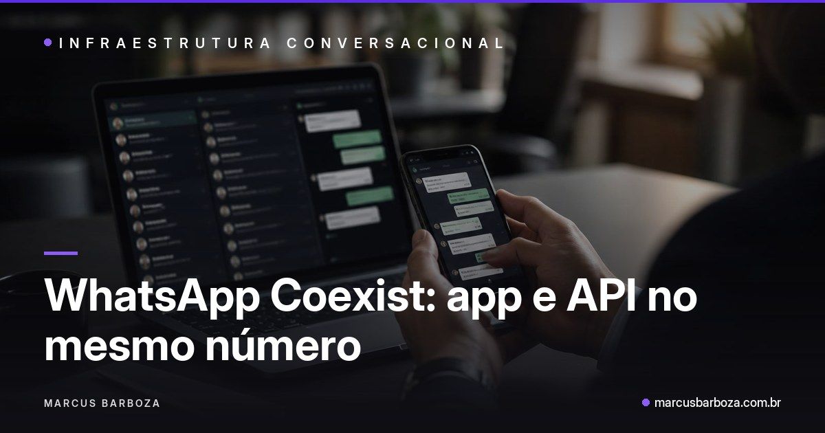 Capa editorial: empresário respondendo no celular enquanto um notebook exibe o painel de atendimento com o mesmo número, ao lado do título "WhatsApp Coexist: app e API no mesmo número"