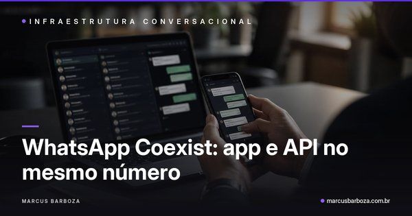 Capa editorial: empresário respondendo no celular enquanto um notebook exibe o painel de atendimento com o mesmo número, ao lado do título "WhatsApp Coexist: app e API no mesmo número"