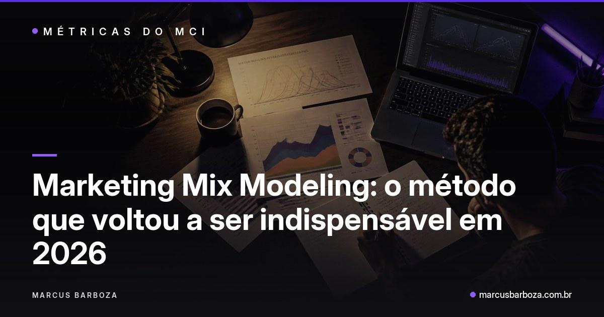 Ilustração editorial com curvas de saturação roxas sobre fundo escuro, representando Marketing Mix Modeling.