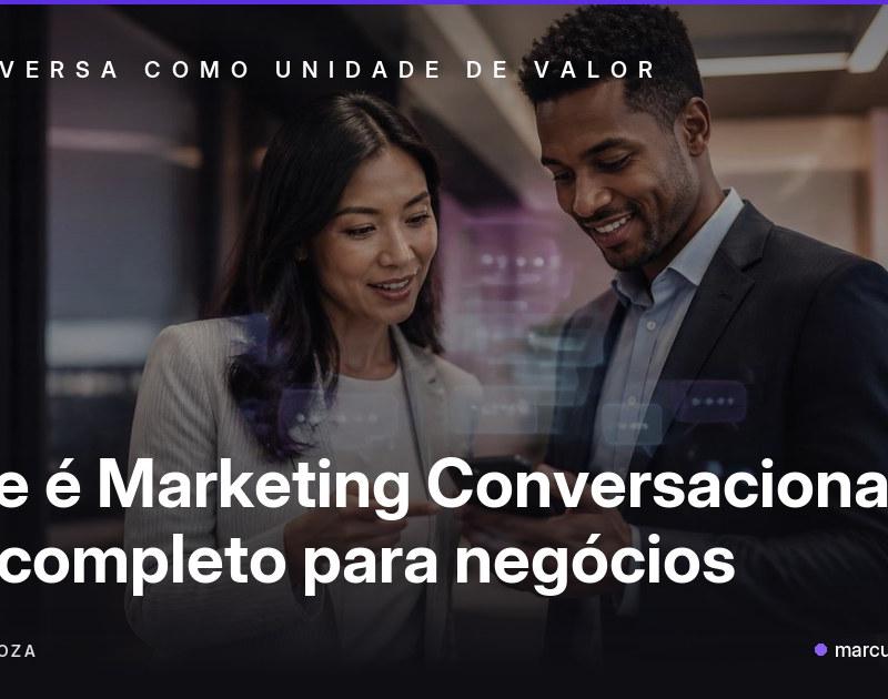 Bolhas de conversa iluminadas e fluxo de luz conectando duas pessoas em diálogo, representando marketing conversacional