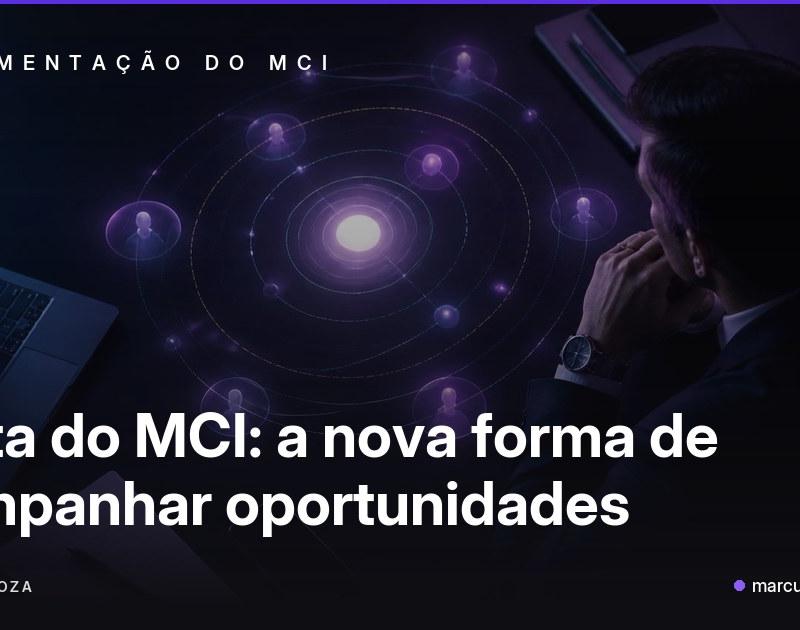 Visualização orbital com esferas luminosas girando em anéis concêntricos sobre fundo azul-marinho, representando a Órbita do MCI